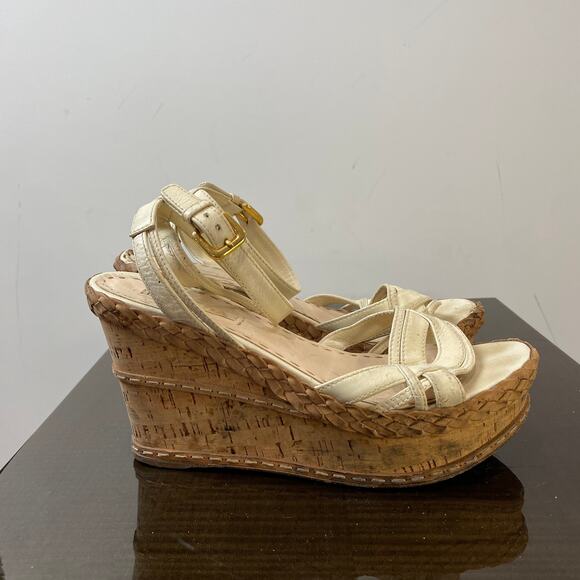 Prada Cork Wedge Platform Leather Ankle Strap Sandals Women's 40.5 - Picture 4 of 13